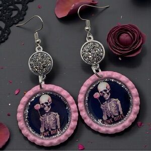 Goth Skeleton Pink Upcycled Bottle Cap Earrings Love Bites Druzy Dangle